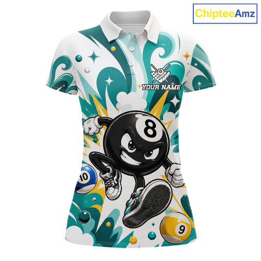 Teal funny 8 ball pool graffiti billiard team jersey polo shirt for women featuring colorful graffiti artwork, premium custom pool league apparel for tournaments, league matches and competitive billiard players.