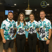 Load image into Gallery viewer, Billiard team wearing matching teal funny 8 ball pool graffiti team jerseys featuring vibrant street art graphics, front view.