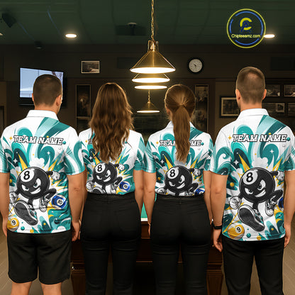 Billiard team wearing matching teal funny 8 ball pool graffiti team jerseys featuring vibrant street art graphics, back view.
