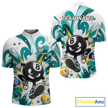 Load image into Gallery viewer, Teal funny 8 ball pool graffiti billiard team jersey quarter zip shirt for men featuring bold graffiti graphics, premium custom billiard league apparel for tournament play.
