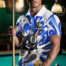 Load image into Gallery viewer, Man wearing funny silver 9 ball pool billiard team jersey polo shirt featuring the humorous 9 ball artwork, front view.