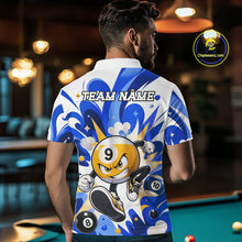 Load image into Gallery viewer, Man wearing funny silver 9 ball pool billiard team jersey polo shirt featuring the humorous 9 ball artwork, back view.