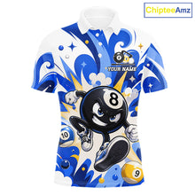 Load image into Gallery viewer, Funny silver 9 ball pool billiard team jersey polo shirt for men featuring a humorous 9 ball design, premium custom pool team apparel and billiard league jersey for tournaments, league play and everyday competition.