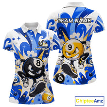 Load image into Gallery viewer, Blue funny graffiti 8 ball and 9 ball pool billiard team jersey polo shirt for women featuring colorful street art graphics, premium custom pool league apparel for tournaments and competitive billiard teams.