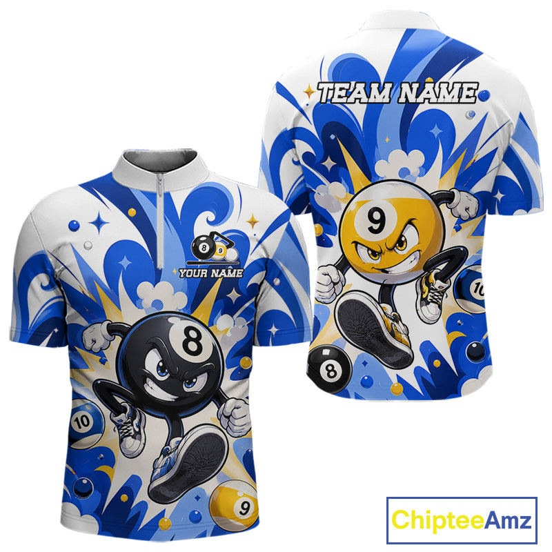 Funny silver 9 ball pool billiard team jersey quarter zip shirt for men featuring a playful 9 ball graphic, premium custom billiard league apparel for competitive players.