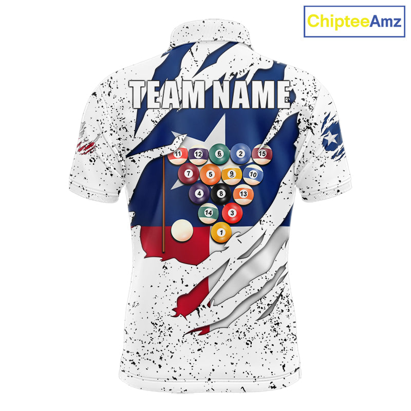 Black grunge Texas flag 8 ball pool billiard team jersey polo shirt for men featuring distressed Texas flag artwork with bold patriotic styling, premium custom pool league apparel for tournaments, league play and competitive billiard teams.