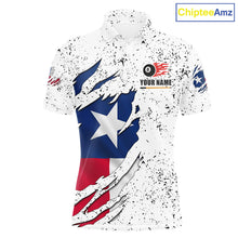 Load image into Gallery viewer, Black grunge Texas flag 8 ball pool billiard team jersey polo shirt for men featuring distressed Texas flag artwork with bold patriotic styling, premium custom pool league apparel for tournaments, league play and competitive billiard teams.
