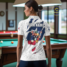 Load image into Gallery viewer, Woman wearing black grunge Texas flag 8 ball pool billiard team jersey polo shirt featuring distressed patriotic Texas flag artwork, back view.
