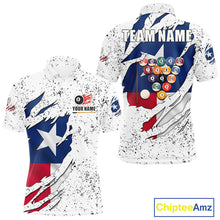 Load image into Gallery viewer, Black grunge Texas flag 8 ball pool billiard team jersey polo shirt for men featuring distressed Texas flag artwork with bold patriotic styling, premium custom pool league apparel for tournaments, league play and competitive billiard teams.