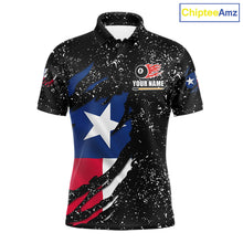 Load image into Gallery viewer, White grunge Texas flag 8 ball pool billiard team jersey polo shirt for men featuring distressed Texas flag artwork with bold patriotic styling, premium custom pool league apparel for tournaments, league play and competitive billiard teams.