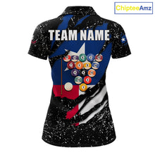Load image into Gallery viewer, White grunge Texas flag 8 ball pool billiard team jersey polo shirt for women featuring distressed Texas flag artwork with bold patriotic styling, premium custom pool league apparel for tournaments, league play and competitive billiard teams.