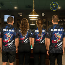 Load image into Gallery viewer, Billiard team wearing matching white grunge Texas flag 8 ball pool team jerseys featuring patriotic distressed artwork, back view.