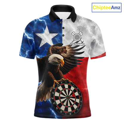 Texas flag eagle lightning darts team jersey polo shirt for men featuring patriotic Texas flag artwork with a soaring eagle and lightning graphics, premium custom darts league apparel for tournaments and competitive dart players.