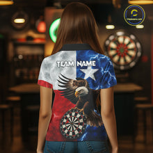 Load image into Gallery viewer, Woman wearing Texas flag eagle lightning darts team jersey polo shirt featuring patriotic Texas flag eagle artwork, back view.