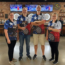 Load image into Gallery viewer, Darts team wearing matching Texas flag eagle lightning team jerseys featuring patriotic eagle and lightning graphics, front view.