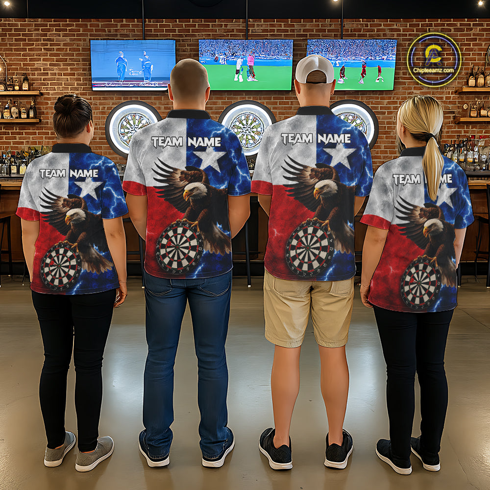 Darts team wearing matching Texas flag eagle lightning team jerseys featuring patriotic eagle and lightning graphics, back view.
