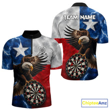 Load image into Gallery viewer, Texas flag eagle lightning darts team jersey quarter zip shirt for men featuring bold patriotic eagle and Texas flag artwork with lightning effects, premium custom darts league apparel.