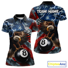 Load image into Gallery viewer, American flag eagle lightning 8 ball billiard pool team jersey polo shirt for women featuring patriotic eagle artwork with lightning effects, premium custom pool league apparel for tournaments and league play.