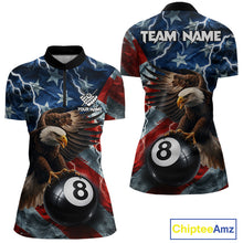 Load image into Gallery viewer, American flag eagle lightning 8 ball billiard pool team jersey quarter zip shirt for women featuring patriotic eagle graphics and lightning artwork for competitive billiard players.