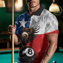 Load image into Gallery viewer, Man wearing Texas flag eagle lightning 8 ball billiard pool team jersey polo shirt featuring patriotic Texas eagle artwork, front view.