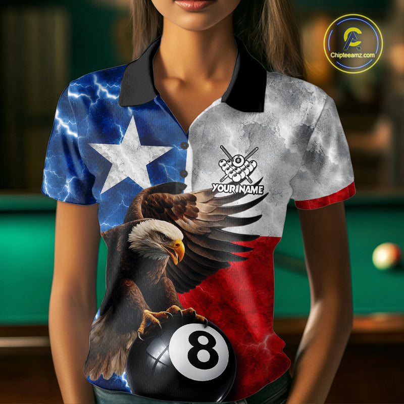 Woman wearing Texas flag eagle lightning 8 ball billiard pool team jersey polo shirt featuring patriotic Texas eagle artwork, front view.