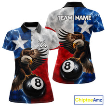 Load image into Gallery viewer, Texas flag eagle lightning 8 ball billiard pool team jersey polo shirt for women featuring patriotic Texas flag artwork with a soaring eagle and lightning effects, premium custom pool league apparel.