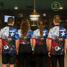 Load image into Gallery viewer, Billiard team wearing matching Texas flag eagle lightning 8 ball pool team jerseys featuring patriotic eagle graphics, back view.