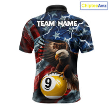Load image into Gallery viewer, Custom American flag eagle lightning 8 ball and 9 ball billiard pool team jersey polo shirt for men featuring patriotic eagle artwork with lightning effects, premium custom pool league apparel for tournaments.
