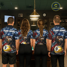 Load image into Gallery viewer, Billiard team wearing matching American flag eagle lightning 8 ball and 9 ball pool team jerseys featuring patriotic graphics, back view.