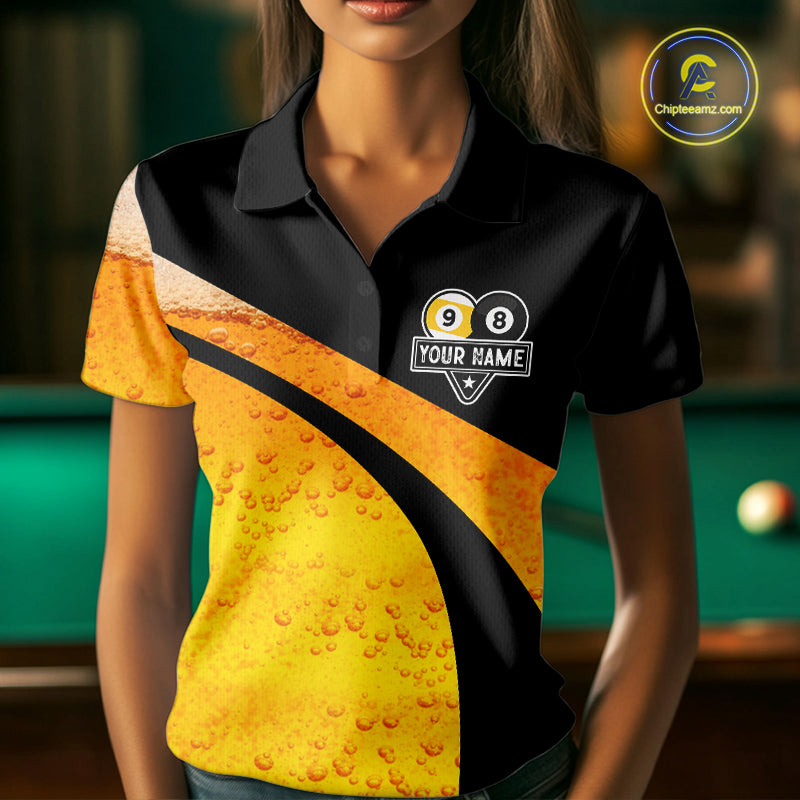 Black And Yellow Funny Beer Billiard Jersey For Women Custom 8 Ball 9 Ball Pool Billiard Team Shirts TDM7233