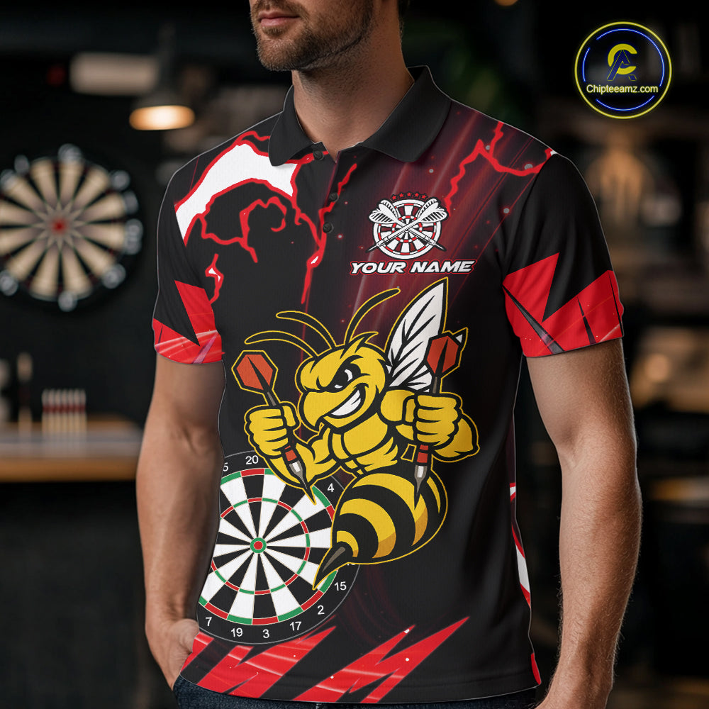 Black Red Funny Bee Thunder Lightning Darts Shirt For Men Custom Dart Team Jersey Polo, 1/4 Zip TDM7843