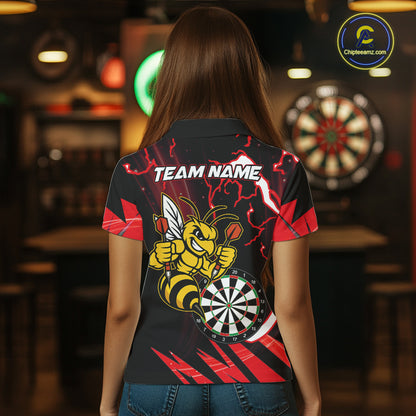 Black Red Funny Bee Thunder Lightning Darts Shirt For Women Custom Dart Team Jersey Polo, 1/4 Zip TDM7843