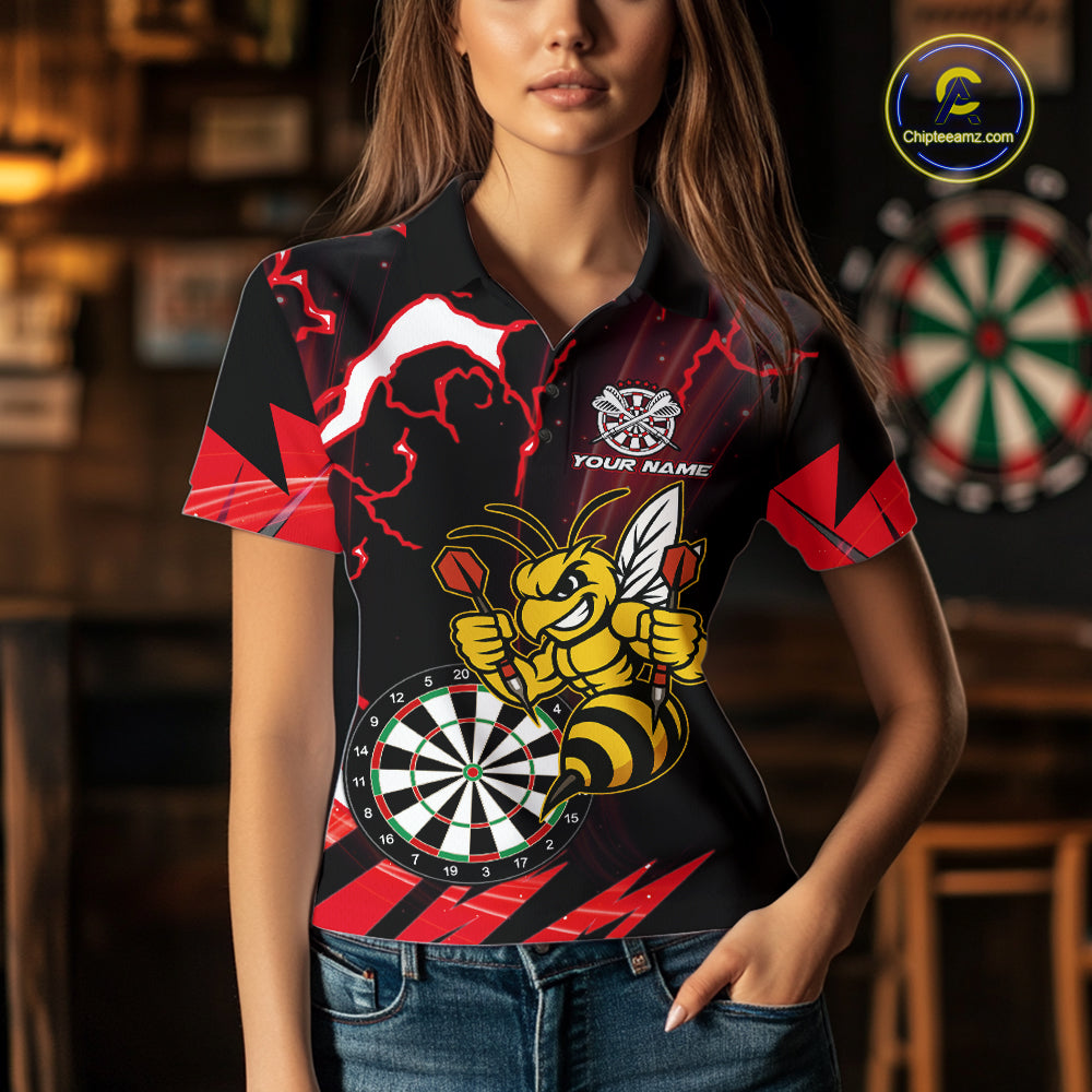 Black Red Funny Bee Thunder Lightning Darts Shirt For Women Custom Dart Team Jersey Polo, 1/4 Zip TDM7843