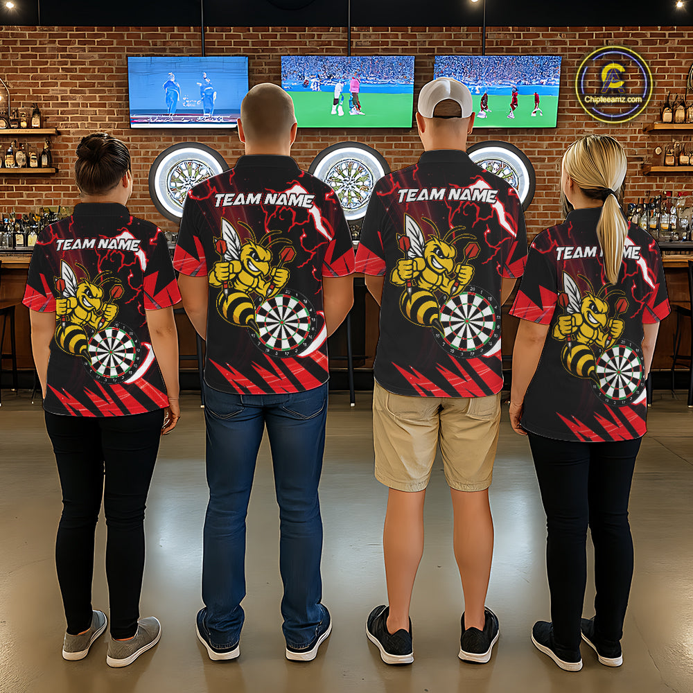 Black Red Funny Bee Thunder Lightning Darts Shirt For Men Custom Dart Team Jersey Polo, 1/4 Zip TDM7843