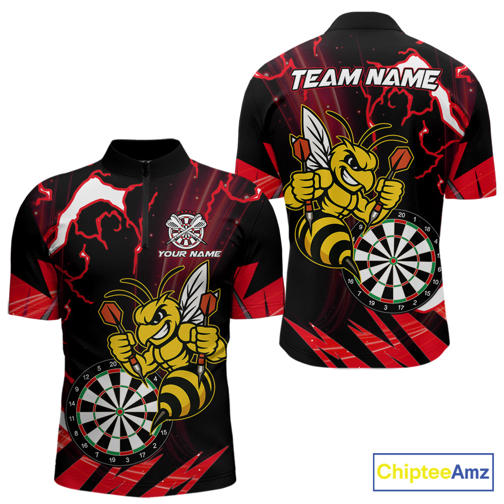 Black Red Funny Bee Thunder Lightning Darts Shirt For Men Custom Dart Team Jersey Polo, 1/4 Zip TDM7843