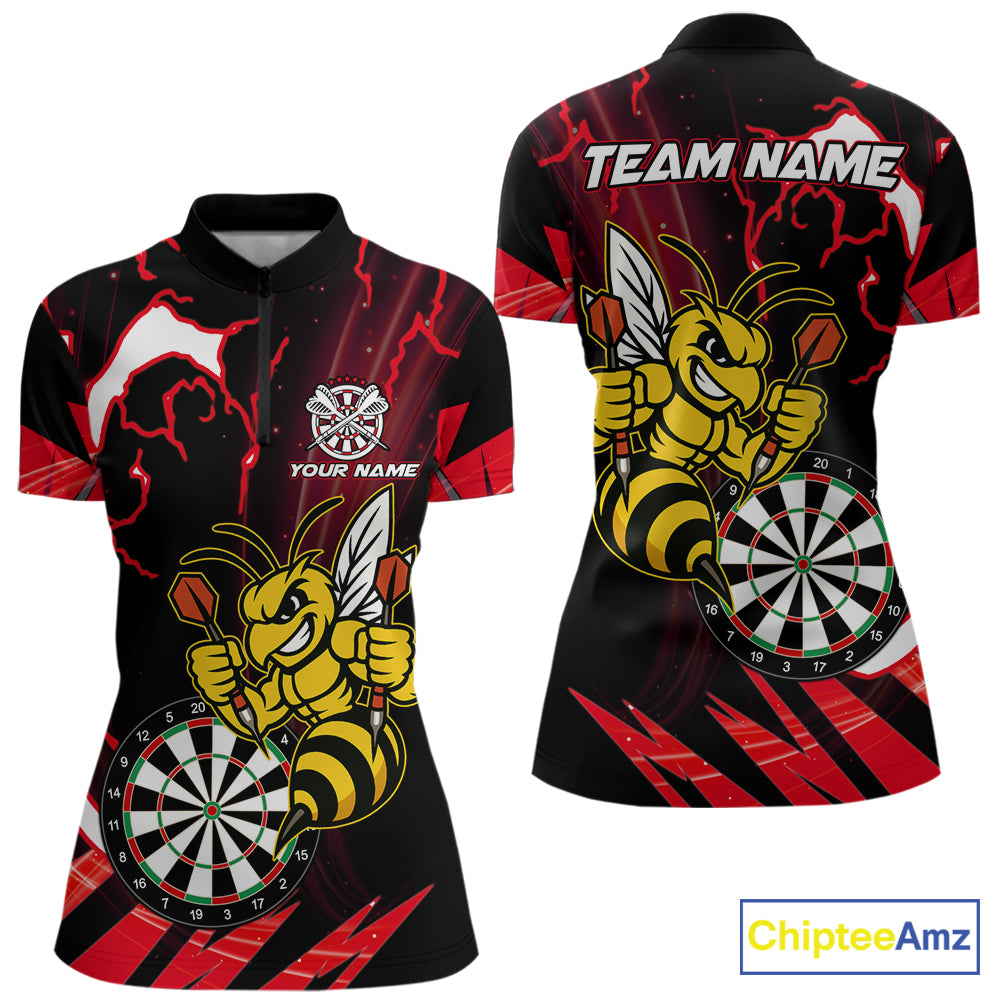 Black Red Funny Bee Thunder Lightning Darts Shirt For Women Custom Dart Team Jersey Polo, 1/4 Zip TDM7843