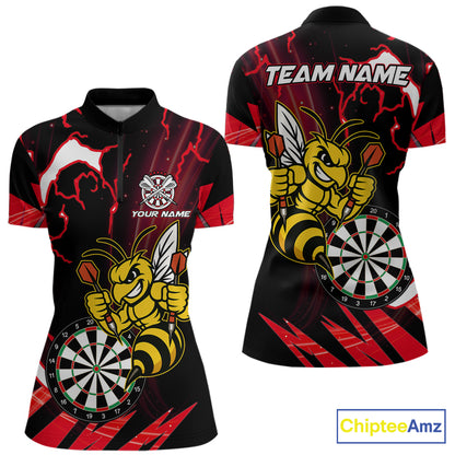 Black Red Funny Bee Thunder Lightning Darts Shirt For Women Custom Dart Team Jersey Polo, 1/4 Zip TDM7843