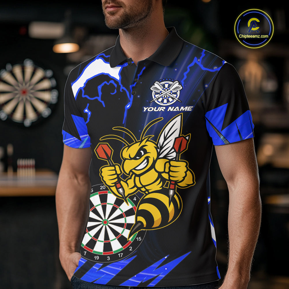 Black Blue Funny Bee Thunder Lightning Darts Shirt For Men Custom Dart Team Jersey Polo, 1/4 Zip TDM7844