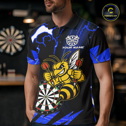 Black Blue Funny Bee Thunder Lightning Darts Shirt For Men Custom Dart Team Jersey Polo, 1/4 Zip TDM7844