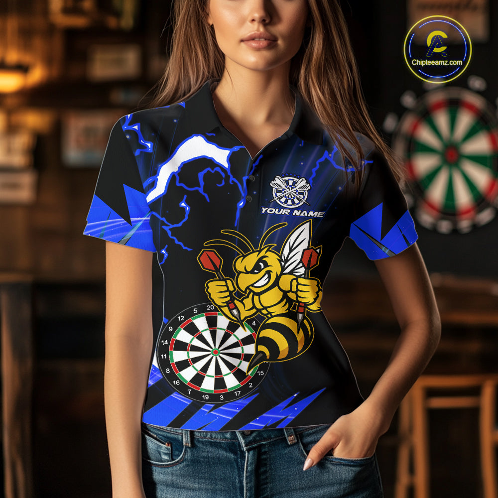Black Blue Funny Bee Thunder Lightning Darts Shirt For Women Custom Dart Team Jersey Polo, 1/4 Zip TDM7844