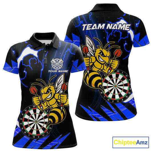 Black Blue Funny Bee Thunder Lightning Darts Shirt For Women Custom Dart Team Jersey Polo, 1/4 Zip TDM7844
