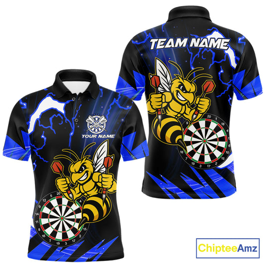 Black Blue Funny Bee Thunder Lightning Darts Shirt For Men Custom Dart Team Jersey Polo, 1/4 Zip TDM7844
