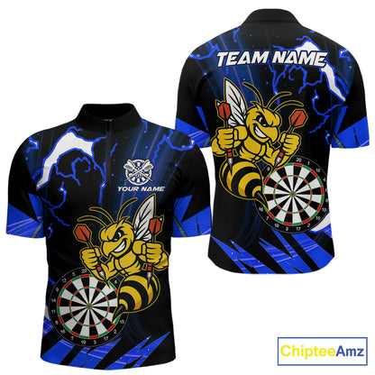 Black Blue Funny Bee Thunder Lightning Darts Shirt For Men Custom Dart Team Jersey Polo, 1/4 Zip TDM7844