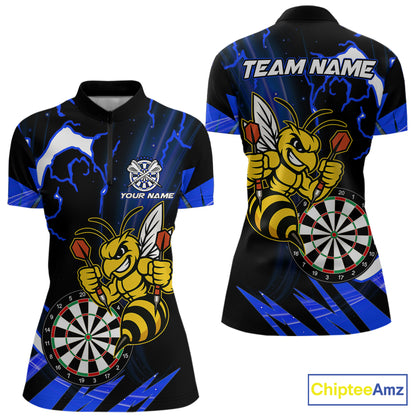 Black Blue Funny Bee Thunder Lightning Darts Shirt For Women Custom Dart Team Jersey Polo, 1/4 Zip TDM7844