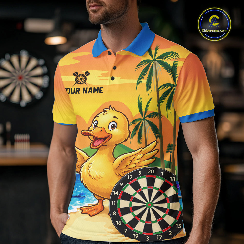 Yellow Funny Tropical Duck Darts Shirt For Men Custom Darts Team Jersey Polo & 1/4 Zip, Dart Gift TDM7857