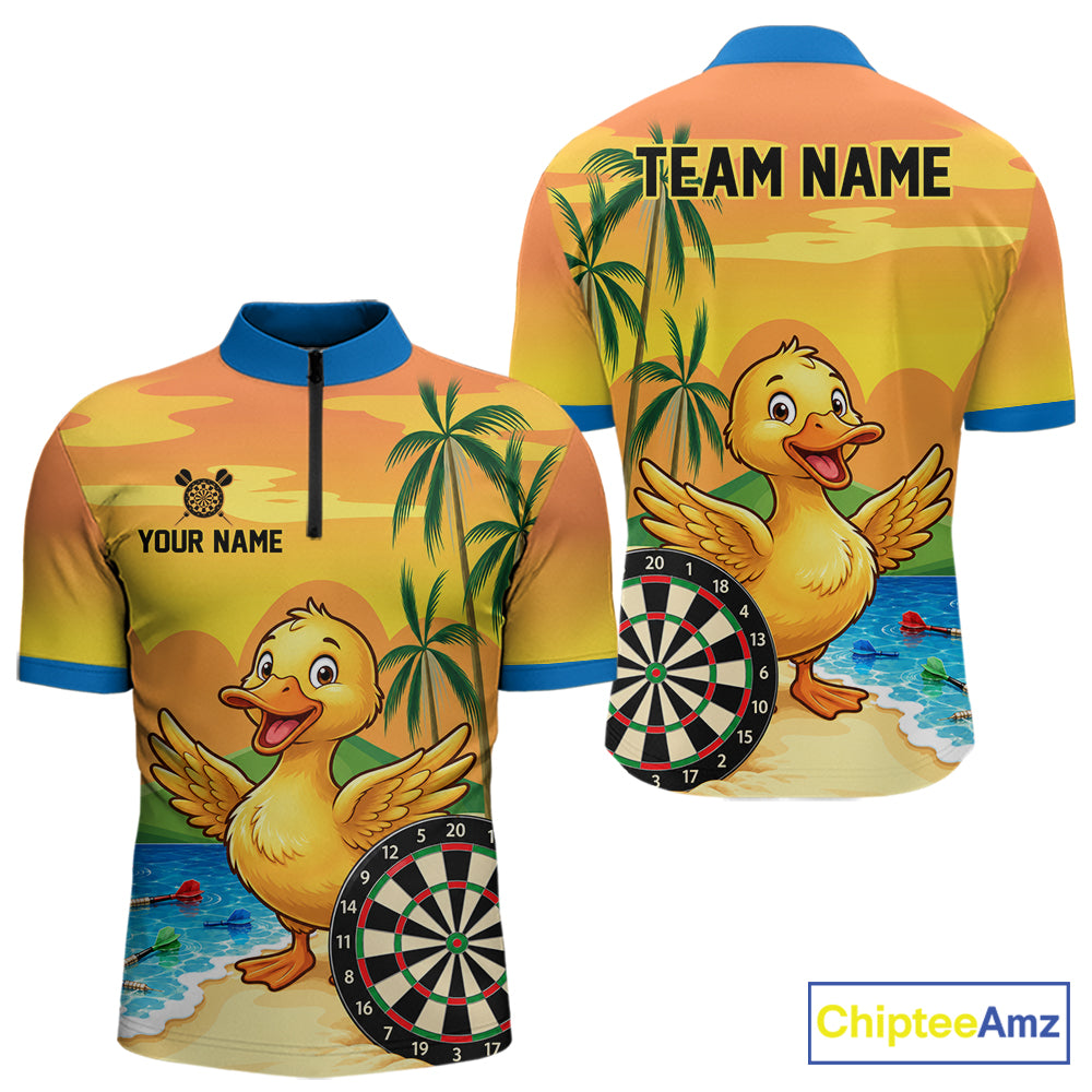 Yellow Funny Tropical Duck Darts Shirt For Men Custom Darts Team Jersey Polo & 1/4 Zip, Dart Gift TDM7857