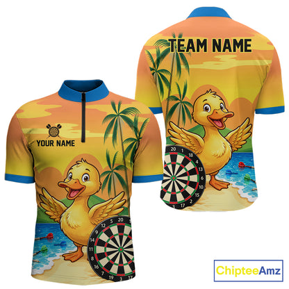 Yellow Funny Tropical Duck Darts Shirt For Men Custom Darts Team Jersey Polo & 1/4 Zip, Dart Gift TDM7857