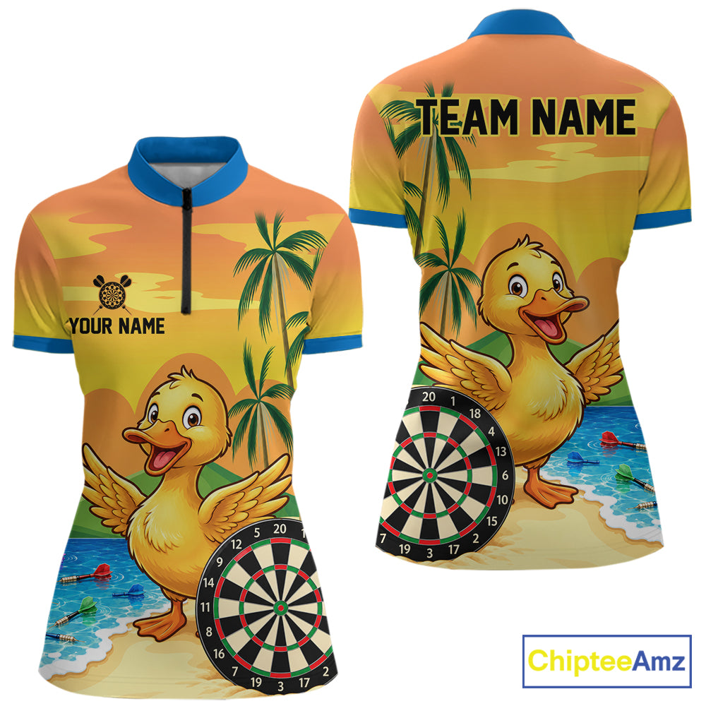 Yellow Funny Tropical Duck Darts Shirt For Women Custom Darts Team Jersey Polo & 1/4 Zip, Dart Gift TDM7857
