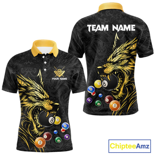 Personalized Wolf Billiard Balls Pool Shirts For Men, Black And Gold Billiard League Team Jerseys TDM5204