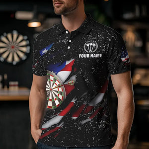 American Flag Black Grunge Dart Polo & Quarter Zip Shirts Custom Patriotic Dart Shirts For Men TDM3211